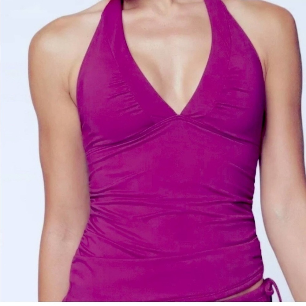 Athleta Shirred Halter Tankini Top Magenta Pink Swim Top Ruched S